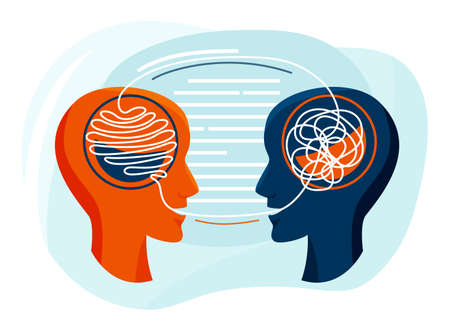 Mental health vector illustration. Two humans head silhouette talk each other, psychotherapy design concept. The psychiatrist untangle the patient thoughtsのイラスト素材