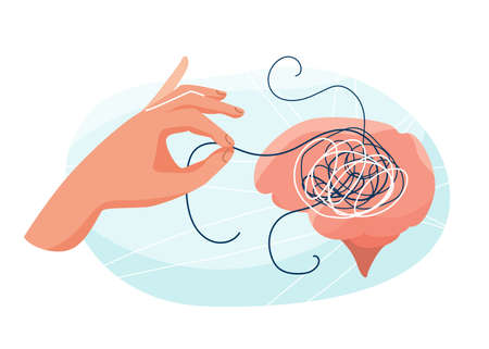 Mental health therapy vector illustration. Human brain with tangled lines and hand, untangle these disorder. Mind healthy care design concept in simple trendy flat styleのイラスト素材