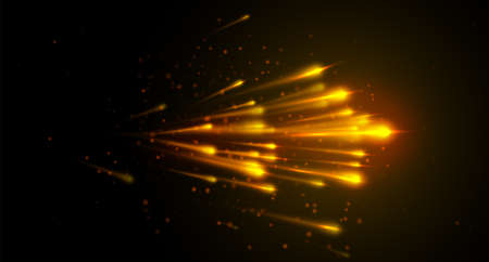 Light speed vector background with yellow color lines, dot particles on dark backdrop. Abstract...