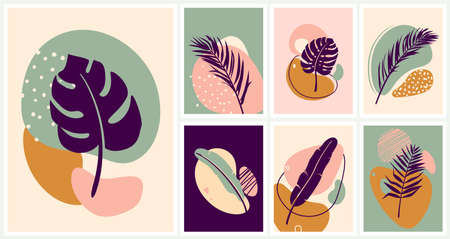 Abstract tropical plant card vector set. Organic posters with exotic leaves, lines, modern fluid shapes. Minimalist art designのイラスト素材