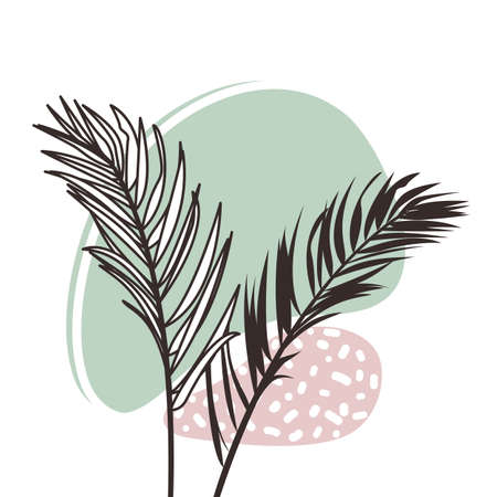 Abstract organic shapes with tropical plants vector set. Minimal art design. Foliage drawing with fluid geometric forms, dots and linesのイラスト素材