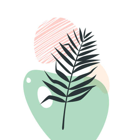 Abstract organic shapes with tropical plants vector set. Minimal art design. Foliage drawing with fluid geometric forms, dots and linesのイラスト素材