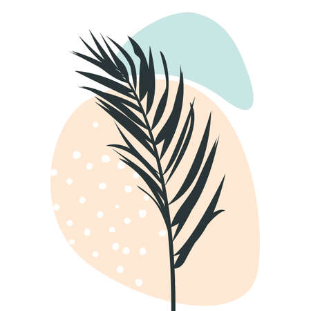 Abstract organic shapes with tropical plants vector set. Minimal art design. Foliage drawing with fluid geometric forms, dots and linesのイラスト素材