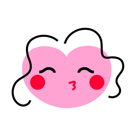Abstract pink heart shape face with kiss, hair, blush. Character icon design vector illustration isolated on white background. Expression people emotionのイラスト素材