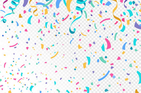 Colorful falling confetti, serpentine ribbons isolated on transparent vector background. Bright streamers, tinsel vector pattern in simple flat cartoon modern style for birthday, party, carnivalのイラスト素材