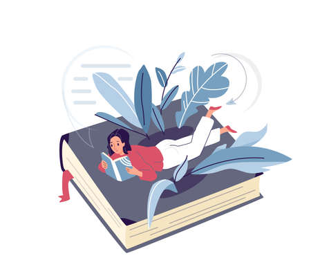 Young woman lying on the book and reading books, surrounded plants, leaves. Female reader holding literature. Studying, education vector illustration in simple flat styleのイラスト素材