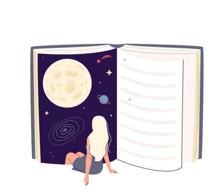 Young woman immersion to the book universe. Girl sits with her legs plunged into the space. Reading concept, literature vector background. Studying, education design illustration in simple flat styleのイラスト素材