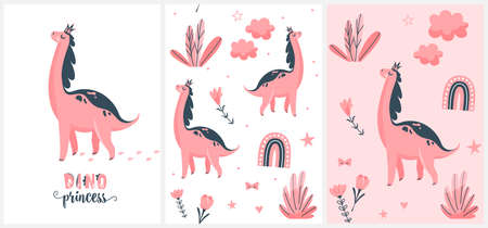 Cute pink dino vector illustration set. Little dinosaur, her footprint with sweet princess text isolated on white background. Seamless patterns with animal, floral elements, flower, rainbow, cloudのイラスト素材