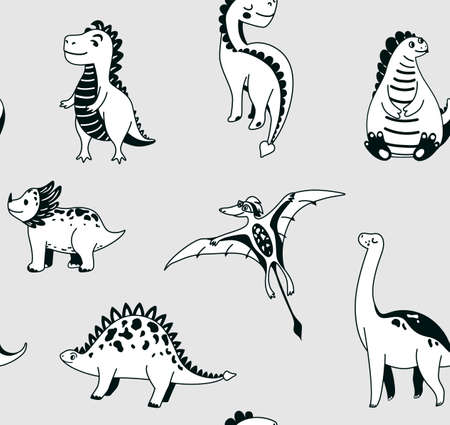 Cute dinosaurs seamless vector pattern with graphic dino on grey background. Cool kid nursery print design in scandinavian styleのイラスト素材
