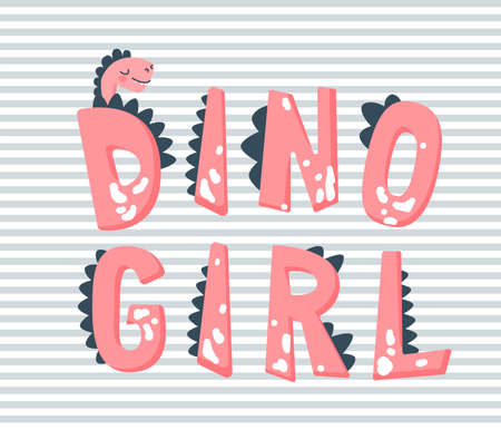 Dino girl vector illustration. Hand drawn pink text slogan with cute dinosaur head on striped backgroundのイラスト素材