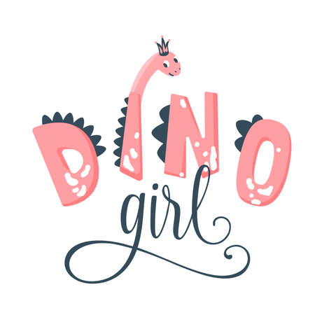 Dino girl vector illustration. Hand drawn pink text slogan with cute dinosaur head isolated on white backgroundのイラスト素材