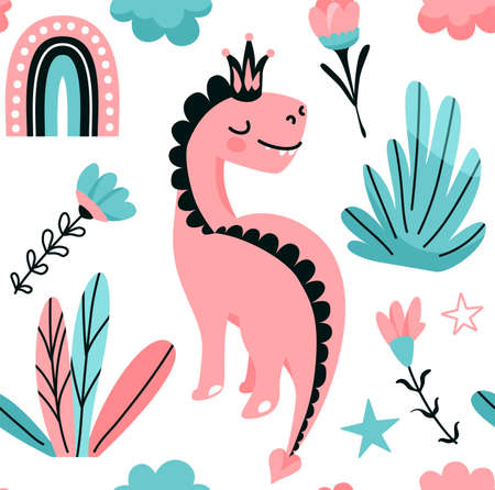 Cute pink dino princess seamless vector pattern with rainbow, star, floral, flower, leaves. Cool kid nursery print design in scandinavian styleのイラスト素材