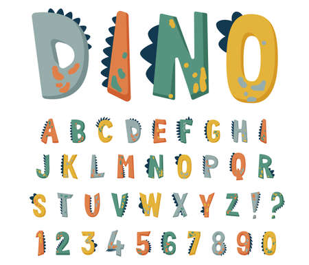 Dinosaur alphabet vector set with cute hand drawn letters and numbers in bright colors with texture dino effects. Comic fun kid typography design in flat cartoon styleのイラスト素材