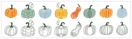 Cute pumpkin set vector illustration. Gourd in different style, outline, flat simple modern, doodle isolated on white background. For thanksgiving, halloween, autumn harvest designのイラスト素材