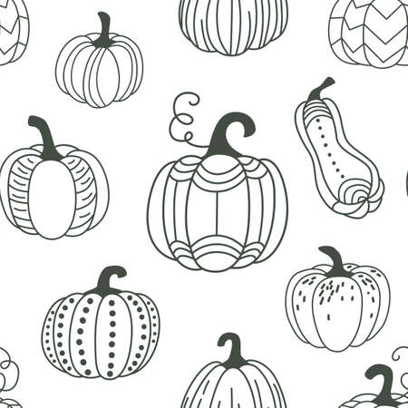 Pumpkin seamless pattern vector illustration. Gourds in flat simple modern doodle style. For thanksgiving, halloween, autumn harvest designのイラスト素材