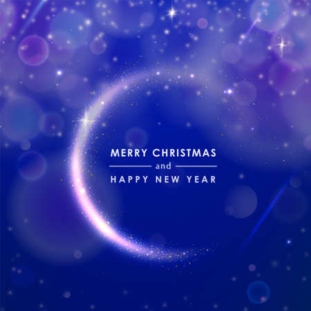 Greeting card merry christmas and happy new year in golden glitter circle on blue shine vector background. Abstract elegant shining luxury bokeh conceptのイラスト素材