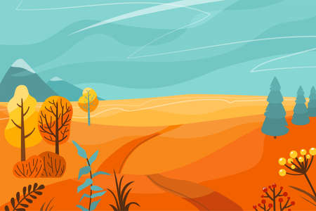 Autumn landscape vector illustration background. Fall panorama nature with abstract minimal trees, mountains, trail, field in flat cartoon simple style. Autumnal sale, post templateのイラスト素材