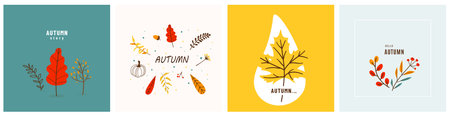Minimalist autumn backgrounds vector set. Fall banners with minimal leaves, trees, plant twigs, pumpkin, berries for ad, social media design in simple trendy flat styleのイラスト素材