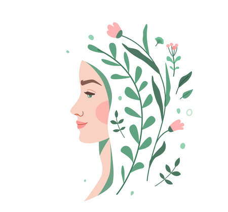 Woman face with floral flower elements vector background. Ecology beauty, nature cosmetology concept design. Profile young girl with hair from plants. Isolated on whiteのイラスト素材