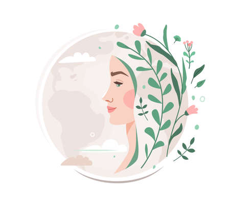 Mother earth person concept vector illustration with woman face and floral, flower elements on planet globe. Nature environment for ecology, green protection, health, recycle design.のイラスト素材