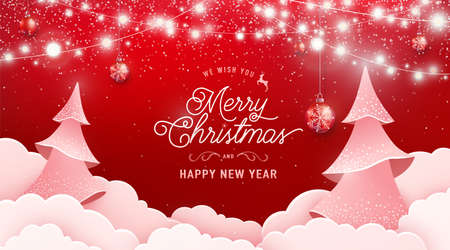 Merry christmas and happy new year invitation vector background. Winter holiday banner with light garland, spruce fir tree, clouds, falling snow texture effect and greeting text in papercut styleのイラスト素材