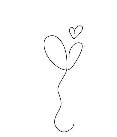 Continuous line heart balloon isolated on white background for valentines day, wedding design template. Love creative vector illustrationのイラスト素材