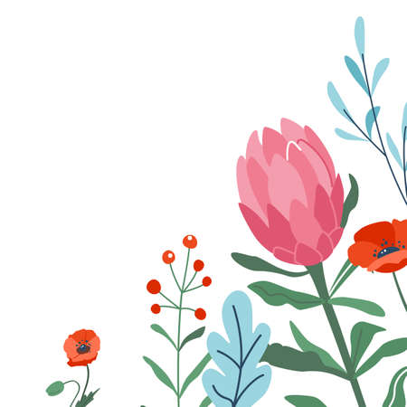 Flower corner frame vector illustration. Spring floral elements for card template design. Cute creative foliage decoration. Blooming border in modern flat styleのイラスト素材