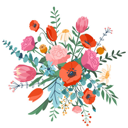 Flower bouquet vector illustration. Top view. Spring floral elements for card template design. Cute creative foliage decoration. Blooming isolated on white backgroundのイラスト素材