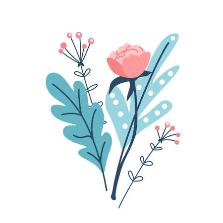 Flower bouquet with abstract floral element vector illustration isolated on white background in modern simple styleのイラスト素材