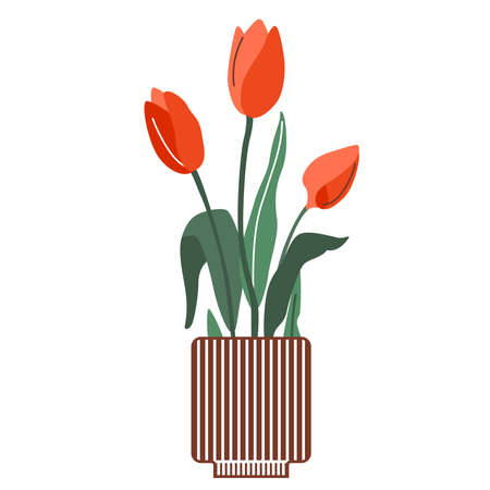 Flower bouquet in vase vector illustration. Floral blossom in bottle with leaves and twigs. Spring decoration in modern simple cartoon flat style for holiday print designのイラスト素材