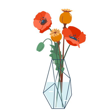 Flower bouquet in vase vector illustration. Floral blossom in bottle with leaves and twigs. Spring decoration in modern simple cartoon flat style for holiday print designのイラスト素材