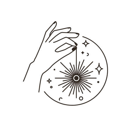 Woman hand with star, moon, sun in simple line flat boho style isolated on white background. Abstract minimal female symbol for beauty design. Magic astrology modern illustrationのイラスト素材