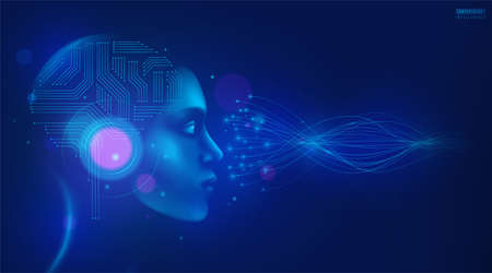 Ai Artificial intelligence vector background. Humanoid robot head with technology brain with circuit board look at wave lines neural network. Digital concept of technology, machine learningのイラスト素材