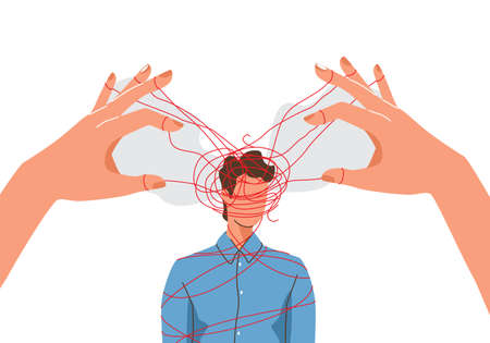 Mind manipulate concept vector illustration with puppet master hands confuses or operates chaos...
