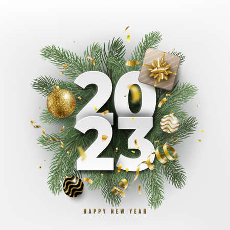 2023 Happy New Year. Festive 3d realistic decoration with big paper calendar numbers and christmas decor. Celebrate winter party card on white background in luxury shiny gold styleのイラスト素材