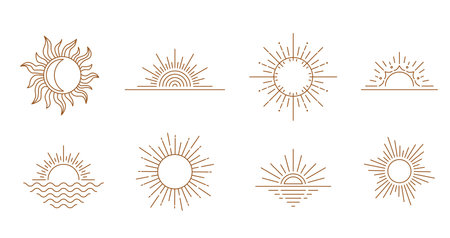 Sun logo design in simple modern line style. Boho element vector set with minimal sunset, sunrise, sunshite. Mystic magic esoteric symbolのイラスト素材