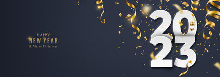 2023 Happy new year vector background. Holiday greeting card design with big white paper numbers,...