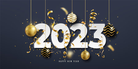 2023 Happy new year vector background. Holiday greeting card design with big white paper numbers,...