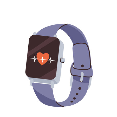 Smart watch, fitness tracker vector illustration with heart rate monitor, in simple line trendy flat cartoon style design. Modern stylish wearable technology deviceのイラスト素材