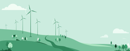 Green energy resource vector illustration. Nature landscape with rotation windmills, wind turbines, field, hill, trees, sky and cloud. Power generation concept. Copy spaceのイラスト素材