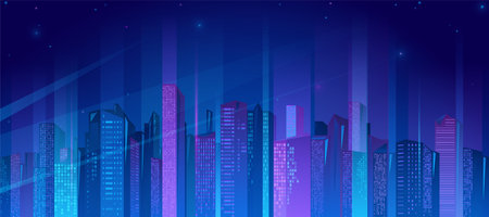 Neon city vector illustration. Night cityscape with with bright and glowing neon purple and blue lights, skylines skycraper. Futiristic glow town background conceptのイラスト素材