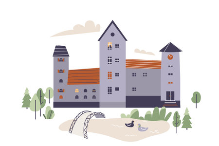 Castle vector illustration with trees and pond with ducks, bridge. History house for king, queen. Isolated on white backgroundのイラスト素材