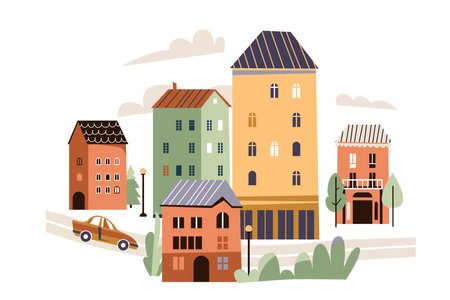 City street vector illustration. Town landscape with building, house, tree, road, car. Isolated on white background. Flat modern simple styleのイラスト素材