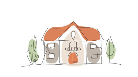 House in continuous line art drawing style with organic color shapes, vector illustration. Residential building concept for logo, symbol, construction. Isolated on white backgroundのイラスト素材
