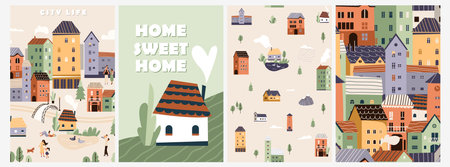 Cute houses, city buildings vector illustration. Cosy town landscape, tiny village poster background with family, people in minimal flat modern styleのイラスト素材