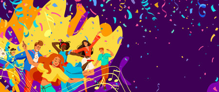Party vector banner background. Young men and women dancing, they are happy at the moment. People are at music concert. Illustration in flat bright modern style. Copy space at the right sideのイラスト素材