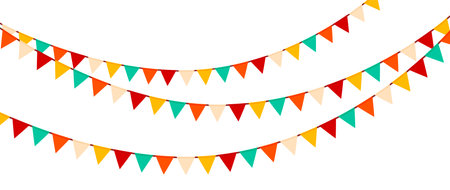Festive flag garlands vector illustration. Triangle buntings in simple flat style, isolated on white background. Carnival, birthday, circus, anniversary party design decorationのイラスト素材