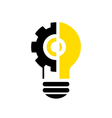 Light bulb, creative logo vector illustration. Mix electric lamp and gear line. Tech, technology, innovation icon. Isolated on white backgroundsのイラスト素材