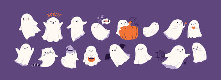 Halloween ghost set vector illustration. Cute funny happy spirits with different emotions, face...