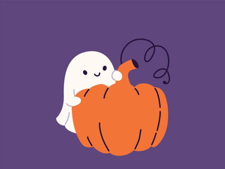 Cute halloween ghost vector illustration. Childish scary boo character for kids, hide behind big pumpkin. Magic spirit with emotion, face expression. Halloween flat modern cartoon designのイラスト素材